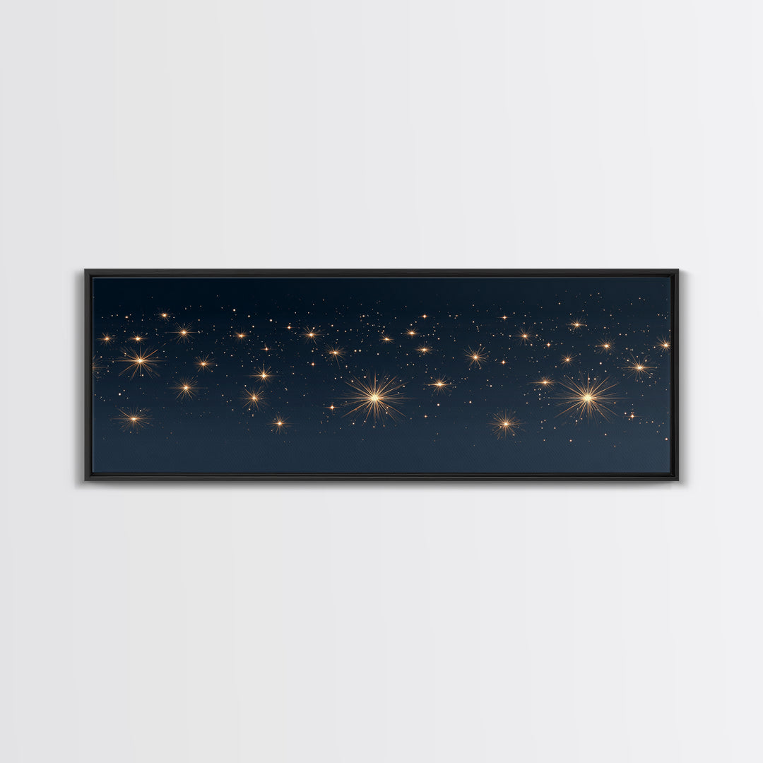 Warm Gold Starry Night Canvas Print, Cosmic Modern Wall Art, Navy Celestial Space Decor, Elegant Bedroom And Home Office Poster Gift