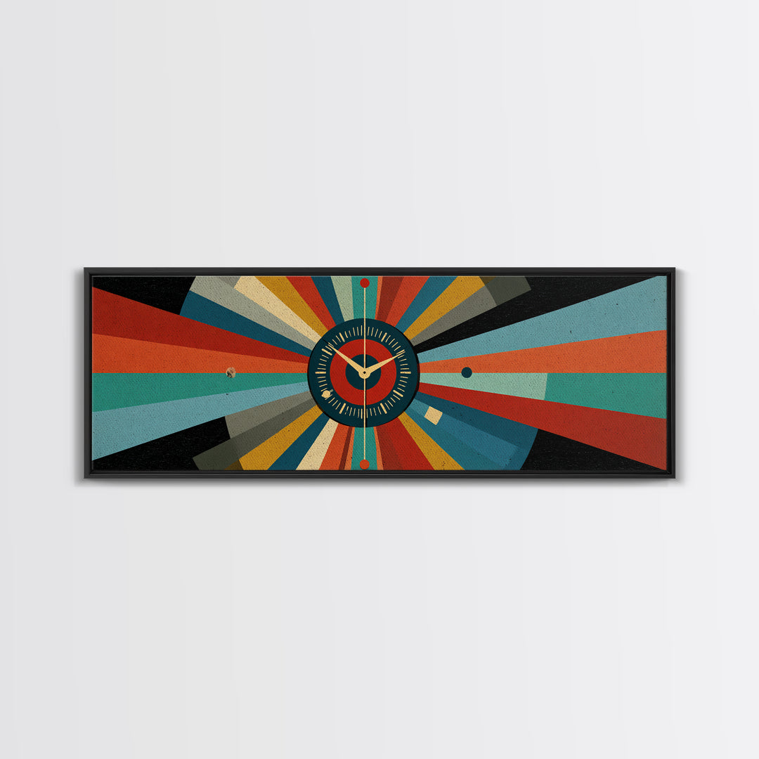 Atomic Clock Sunburst Wall Art, Midcentury Modern Canvas, Retro Geometric Poster, MCM Home Decor, Panoramic Abstract Print