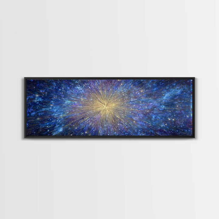 Blue Gold Cosmic Starburst Canvas Print, Space Abstract Wall Decor, Modern Digital Art, Galaxy Light Speed Panoramic Poster