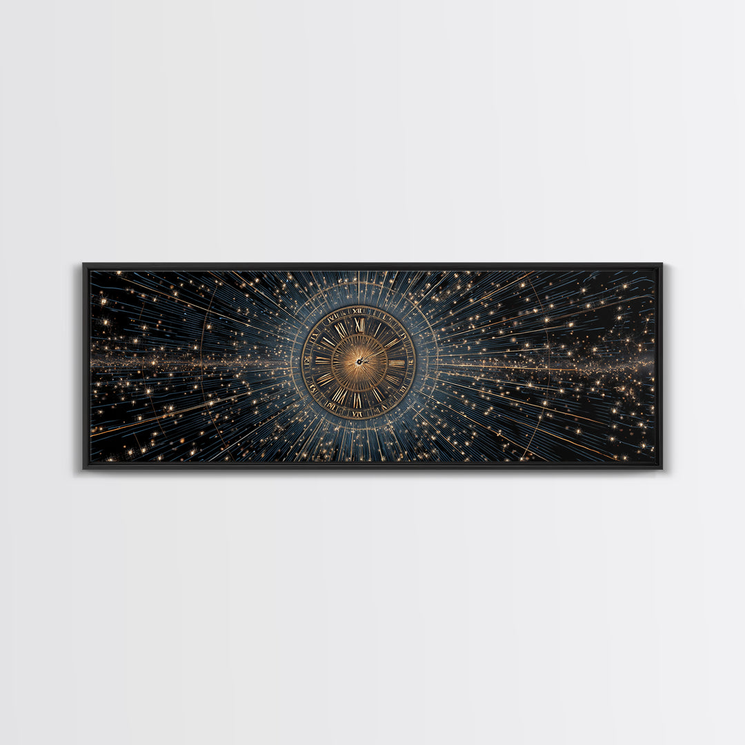 Celestial Clock Time Warp Wall Art, Gold Blue Cosmic Abstract Poster, Modern Space Decor, Panoramic Galaxy Artwork Print