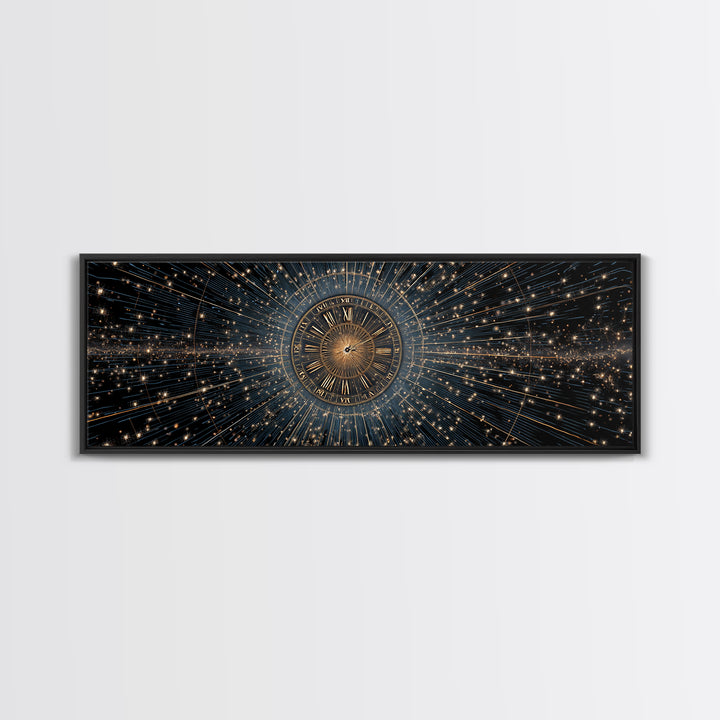 Celestial Clock Time Warp Wall Art, Gold Blue Cosmic Abstract Poster, Modern Space Decor, Panoramic Galaxy Artwork Print