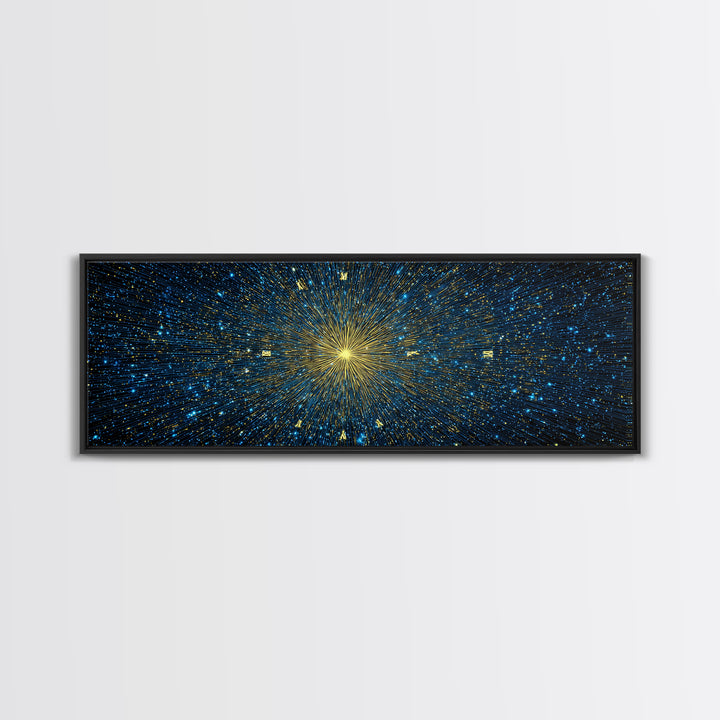 Golden Core Light Speed Canvas Print, Blue Galaxy Abstract Wall Decor, Modern Space Poster, Cosmic Panoramic Digital Artwork