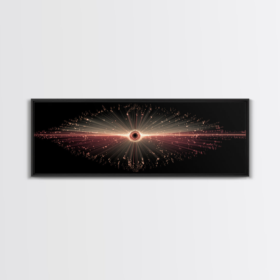 Red Black Hole Particle Burst Framed Canvas Print, Cosmic Retro Wall Art, Modern Abstract Art Print, Dark Space Decor Poster