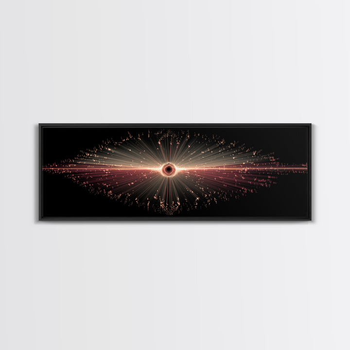 Red Black Hole Particle Burst Framed Canvas Print, Cosmic Retro Wall Art, Modern Abstract Art Print, Dark Space Decor Poster