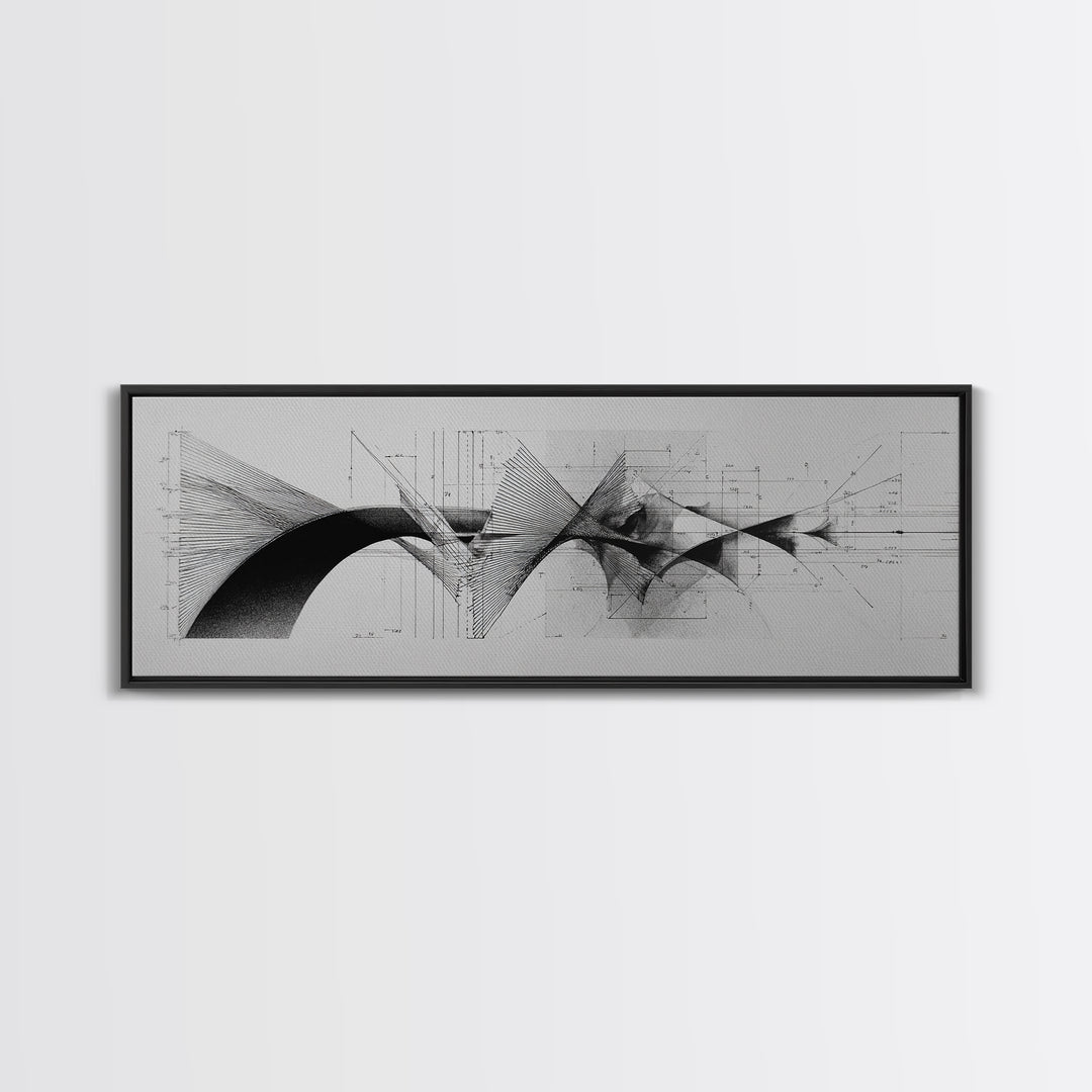 Monochrome Architectural Arcs And Lines Wall Art, Midcentury Modern Abstract Print, Black White Office Decor, Framed Canvas Print