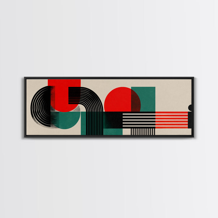 Bauhaus Red Teal Geometric Shapes Framed Canvas Print, Midcentury Modern Wall Art, Atomic Retro Home Decor, Bold Colorblock Art Print