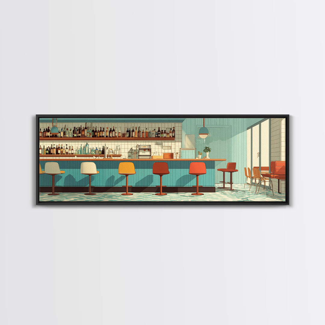 Sunlit Teal Bar With Orange Stools Framed Canvas Print, Mid Century Modern Decor, Retro Wall Art, Kitchen Poster, Large Prints