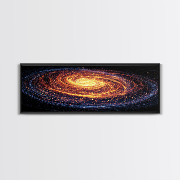 Glowing Spiral Galaxy In Orange And Blue Canvas Print, Cosmic Retro Art, Space Abstract Art, Modern Wall Decor, Panoramic Living Room Art