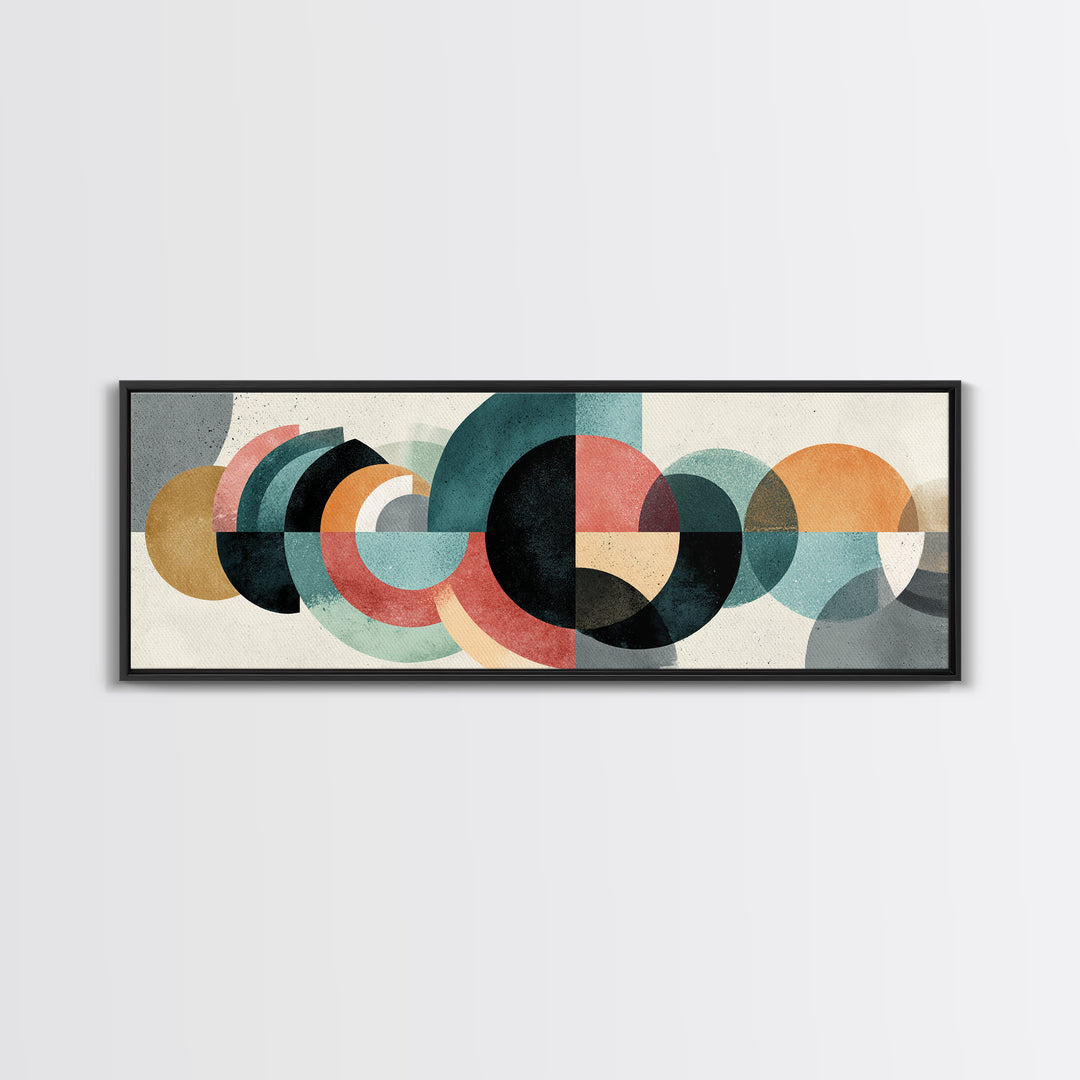 Layered Teal Coral Mustard Circle Wall Art, Midcentury Modern Abstract Art, Bauhaus Geometric Decor, Framed Canvas Print