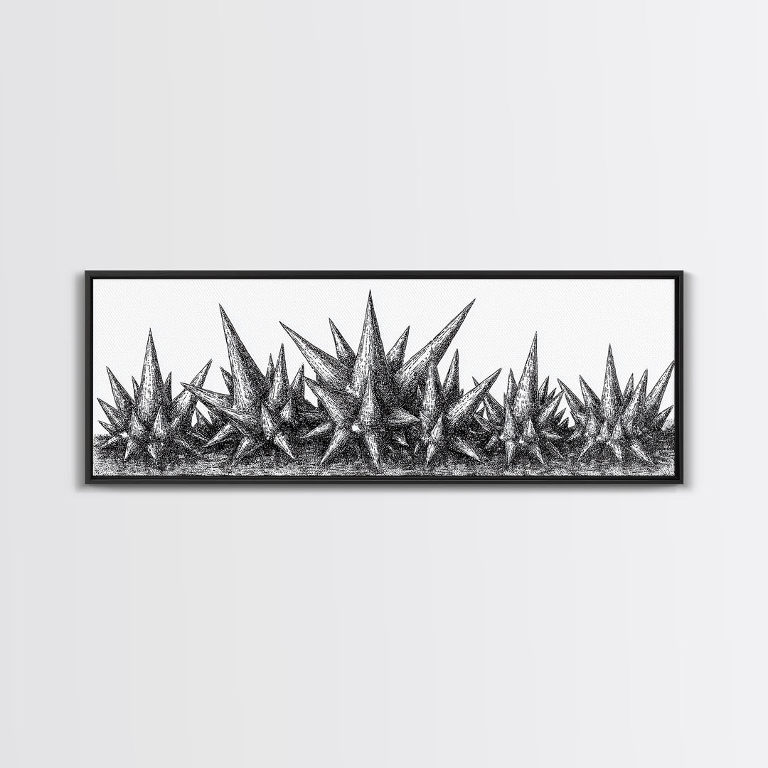 Black Spiky Crystal Landscape Wall Art, Minimalist Abstract Line Art, Monochrome Modern Wall Decor, Framed Canvas Print Gift