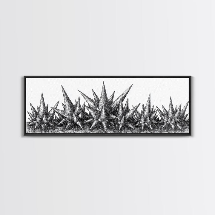 Black Spiky Crystal Landscape Wall Art, Minimalist Abstract Line Art, Monochrome Modern Wall Decor, Framed Canvas Print Gift