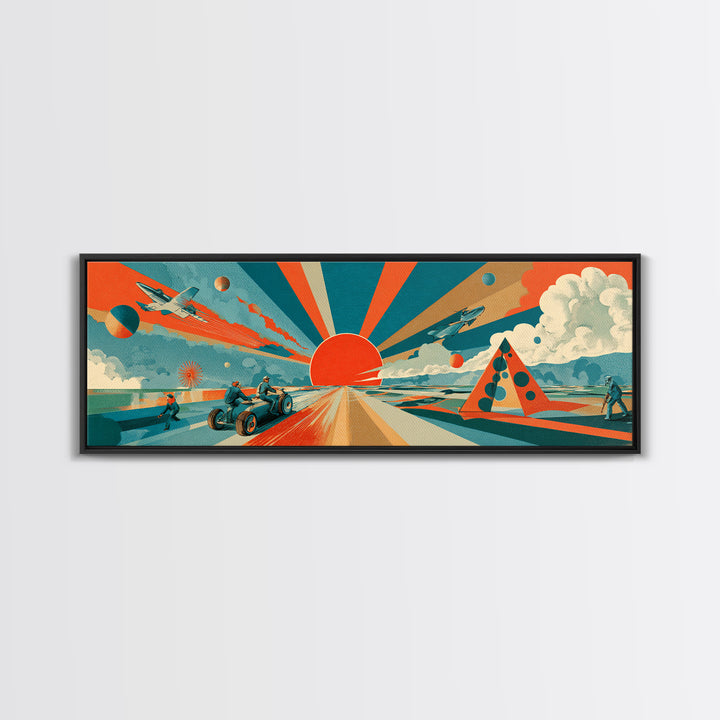 Retro Futurist Desert Sunrise With Jets And Rover Wall Art, Midcentury Modern Space Poster, Atomic MCM Decor, Sci Fi Print