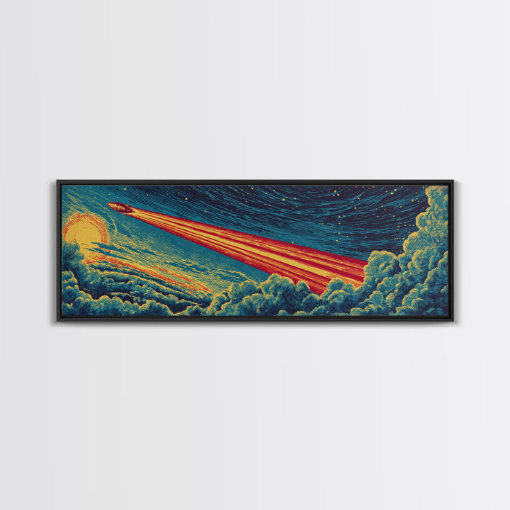 Rocket Blazing Through Night Clouds Framed Canvas Print, Midcentury Modern Space Art, Retro Sci Fi Poster, Cosmic Wall Decor
