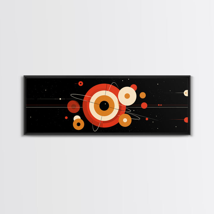 Black Space Abstract With Orange Orbit Circles Wall Art, Midcentury Modern Geometric Print, Atomic MCM Poster, Retro Decor