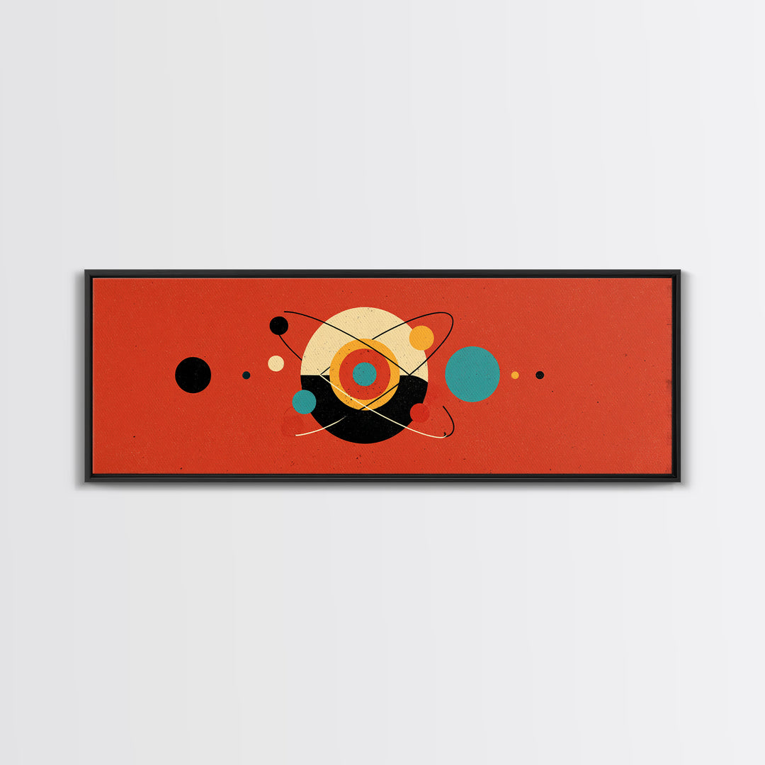 Red Atomic Abstract With Orbiting Circles Canvas Print, Midcentury Modern Wall Art, Geometric MCM Poster, Retro Home Decor