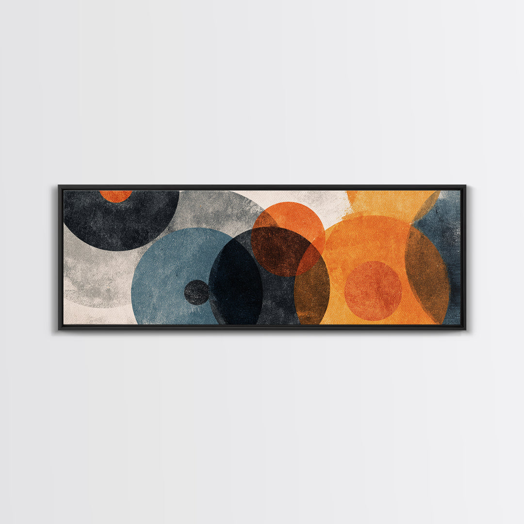 Textured Overlapping Gray Blue And Orange Circles Canvas Print, Modern Abstract Wall Art, Geometric MCM Decor, Neutral Poster