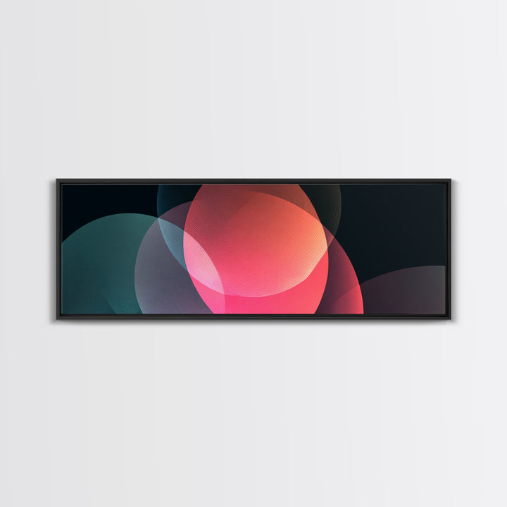 Glowing Translucent Neon Circles On Dark Framed Canvas Print, Modern Abstract Wall Art, Geometric Poster, Colorful Decor