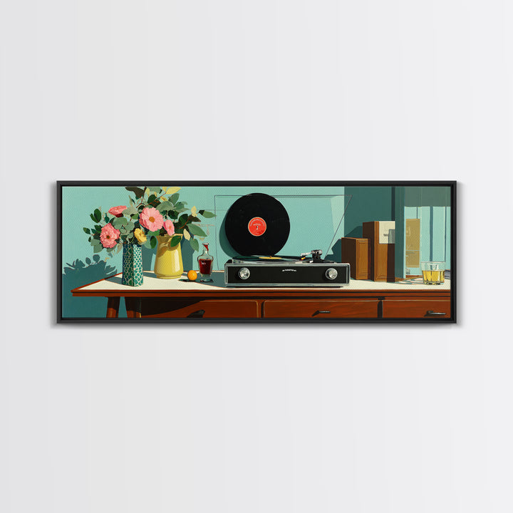 Teal Vinyl And Flower Console Canvas Print, Mid Century Modern Wall Decor, Record Player Art Print, Retro Living Room Decor