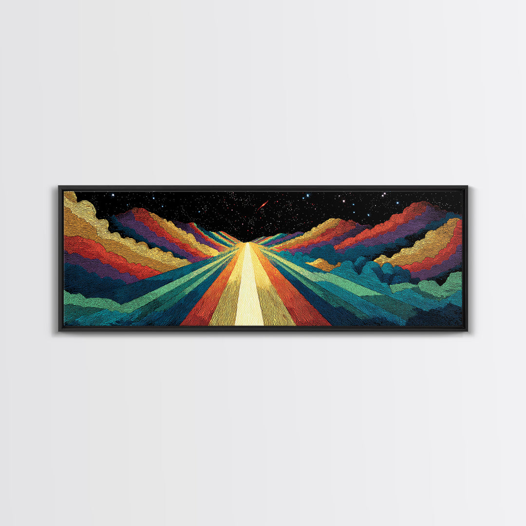 Cosmic Rainbow Mountain Road Canvas Print, Mid Century Modern Space Landscape Art, Retro Sci Fi Wall Decor, Colorful Poster