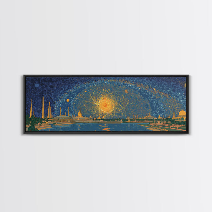 Golden Cosmic Skyline Wall Art, Midcentury Modern Abstract Print, Retro Space Age Poster, Blue Orange Living Room Home Decor