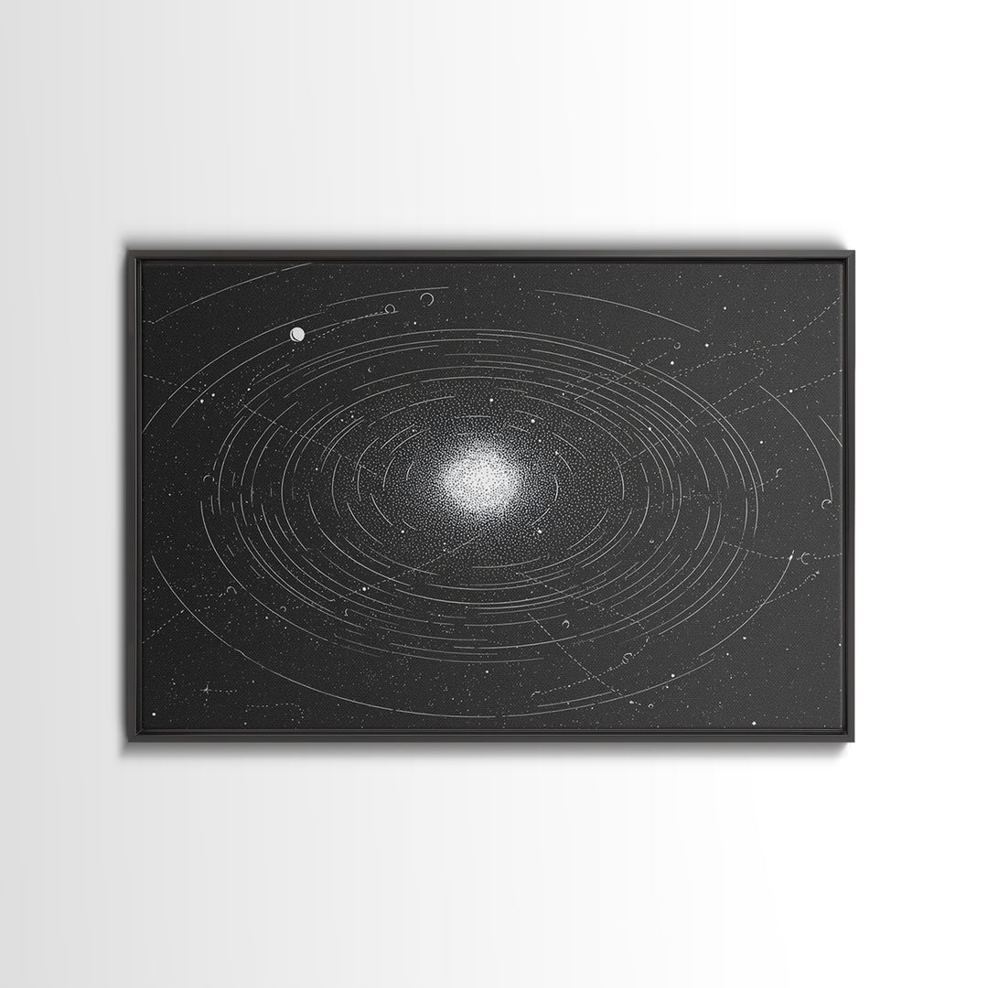Black White Orbiting Galaxy Starfield Canvas Print, Modern Abstract Wall Art, Space Retro Geometric Poster, Cosmic Home Decor
