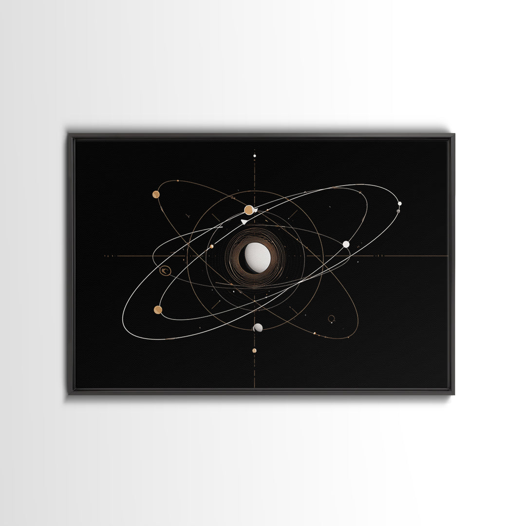 Gold Atomic Orbit Diagram Wall Art, Midcentury Modern Space Abstract Art, Geometric Black Home Wall Decor, MCM Canvas Print