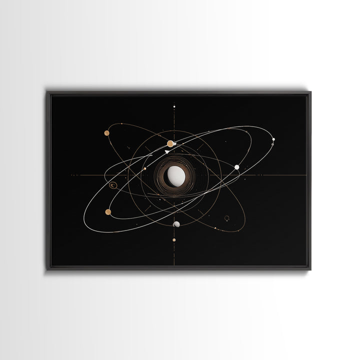 Gold Atomic Orbit Diagram Wall Art, Midcentury Modern Space Abstract Art, Geometric Black Home Wall Decor, MCM Canvas Print