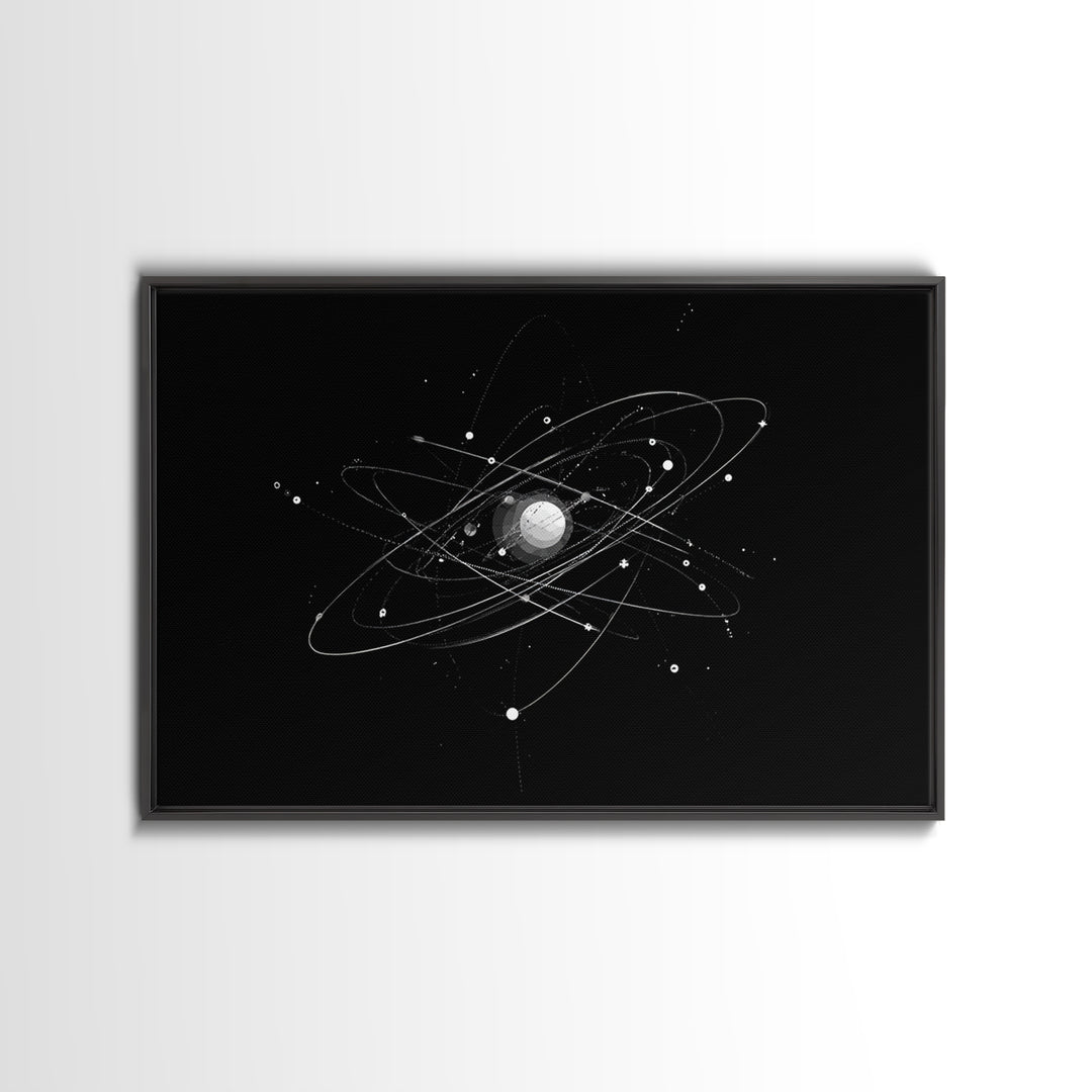 Silver Atomic Orbit Lines Wall Art, Modern Abstract Space Poster, Black And White Geometric Decor, Midcentury Canvas Print