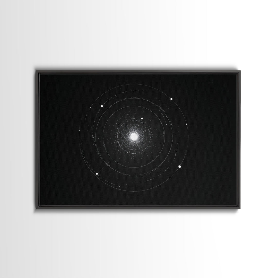 Minimal Solar System Orbit Wall Art, Black And White Space Abstract Art, Modern Geometric Poster Decor, Framed Canvas Print