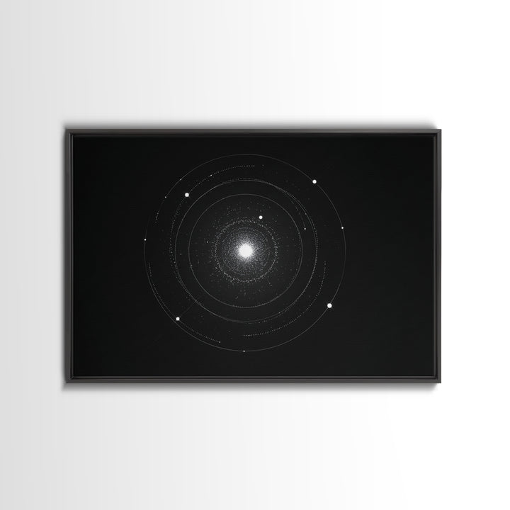 Minimal Solar System Orbit Wall Art, Black And White Space Abstract Art, Modern Geometric Poster Decor, Framed Canvas Print