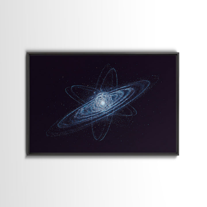 Blue Particle Galaxy Orbit Wall Art, Cosmic Retro Art, Space Abstract Art Print, Modern Geometric Home Decor, Canvas Print