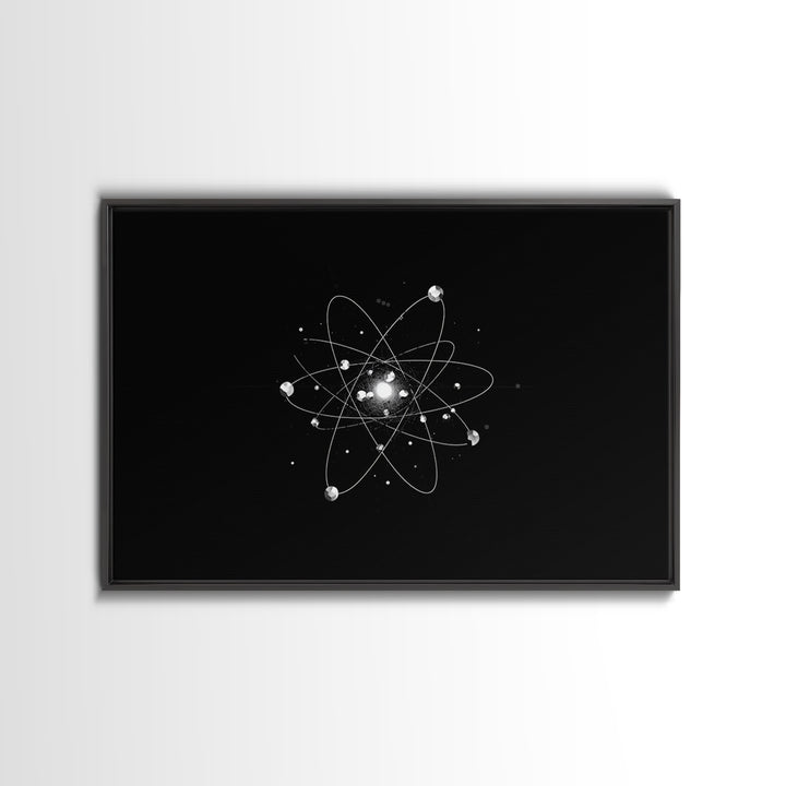Bright Atomic Nucleus Orbit Wall Art, Black And White Modern Art Print, Geometric Space Decor Poster, Midcentury Canvas Print