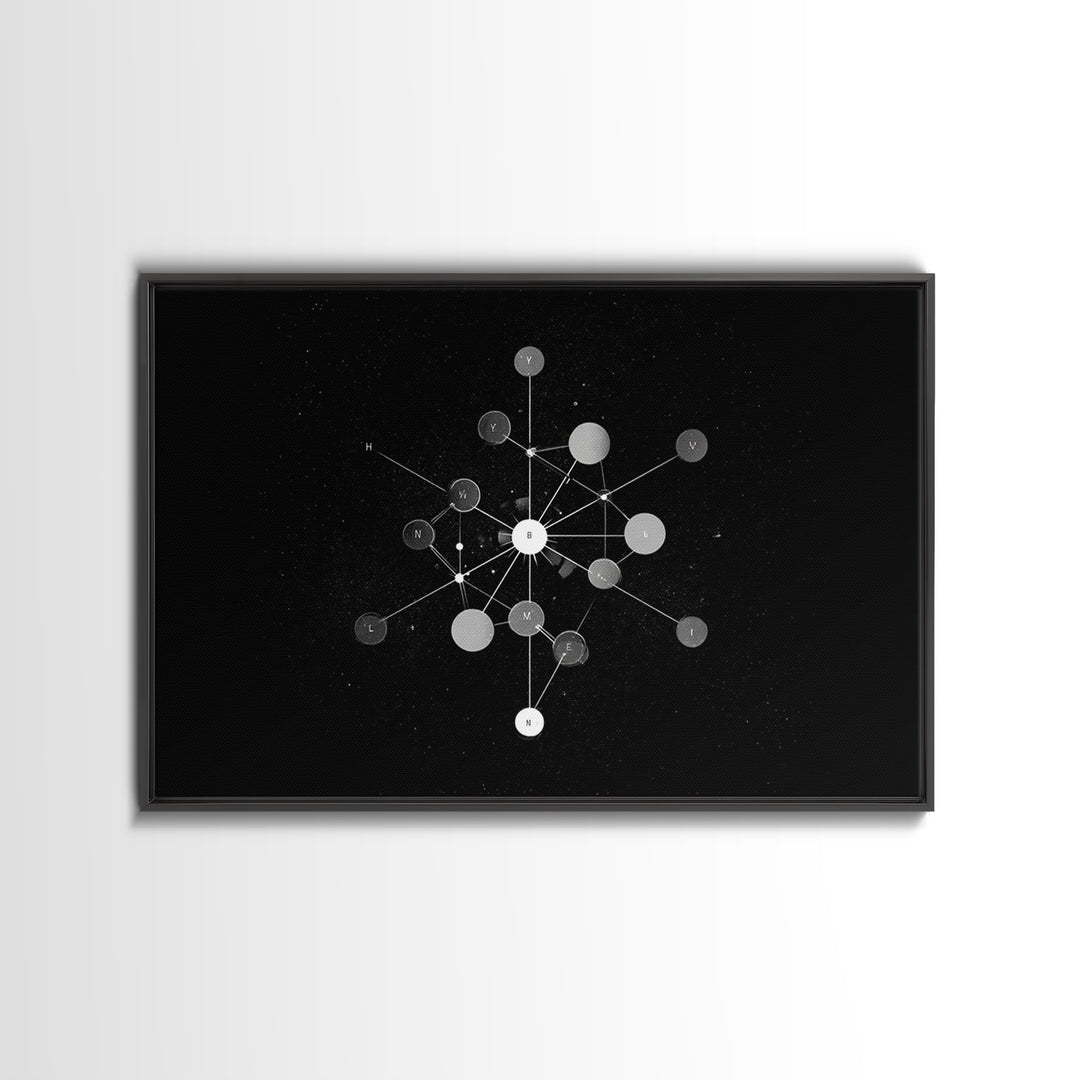 Scientific Molecular Network Wall Art, Black And White Modern Abstract Art, Geometric Science Decor, Framed Canvas Print