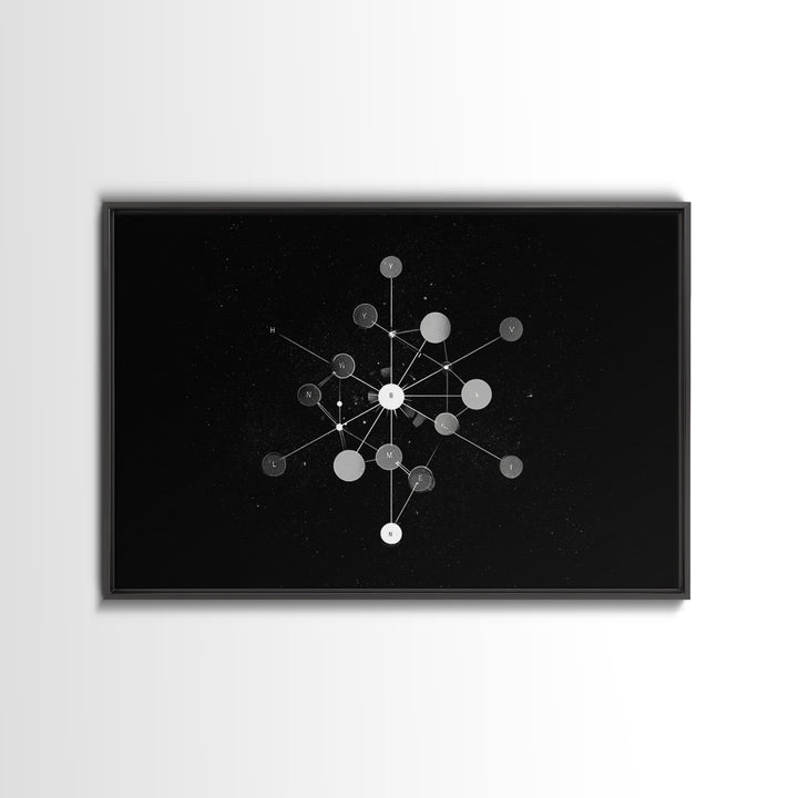 Scientific Molecular Network Wall Art, Black And White Modern Abstract Art, Geometric Science Decor, Framed Canvas Print