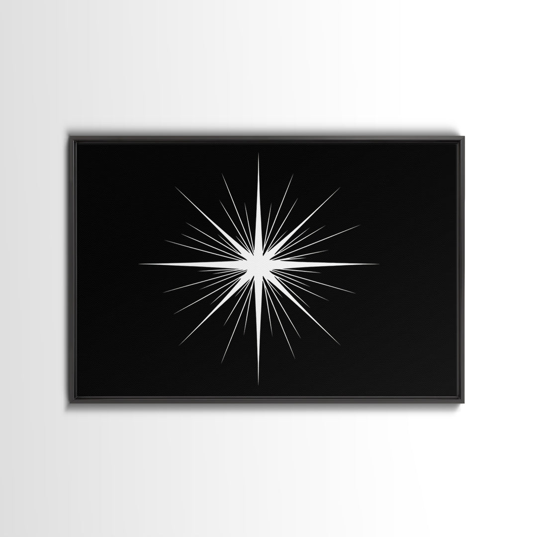 Sharp White Starburst Wall Art, Midcentury Atomic Art Print, Black Minimalist Modern Poster Decor, Geometric Canvas Print