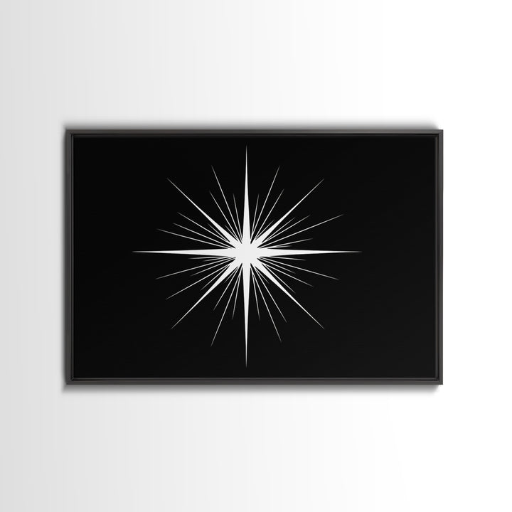 Sharp White Starburst Wall Art, Midcentury Atomic Art Print, Black Minimalist Modern Poster Decor, Geometric Canvas Print