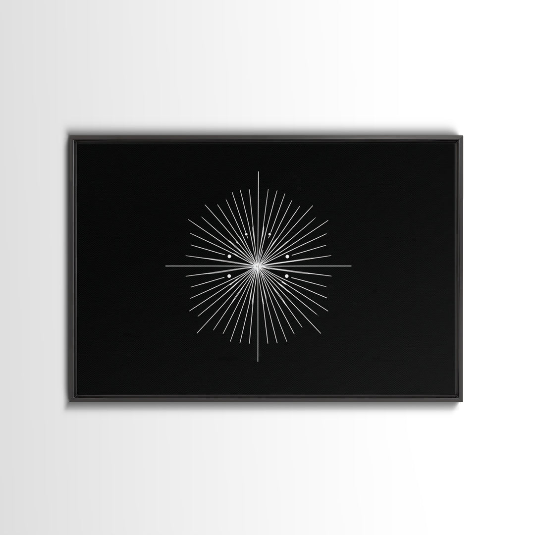 Radial Atomic Star Compass Wall Art, Black And White Midcentury Art Print, Minimalist Geometric Modern Decor, Canvas Print