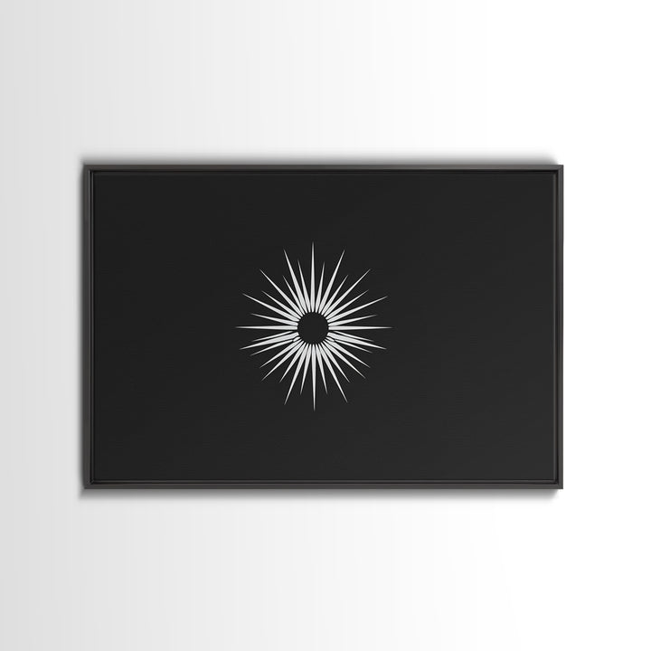 White Sunburst Eclipse Wall Art, Minimalist Black Modern Art Print, Midcentury Atomic Geometric Decor, Framed Canvas Print