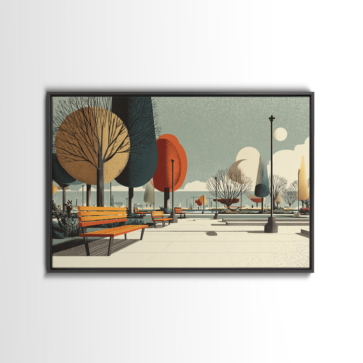 Autumn Lakeside Park Wall Art, Midcentury Modern Print, Scenic City Landscape Poster, Retro Bench Living Room Decor, Office Wall Decor