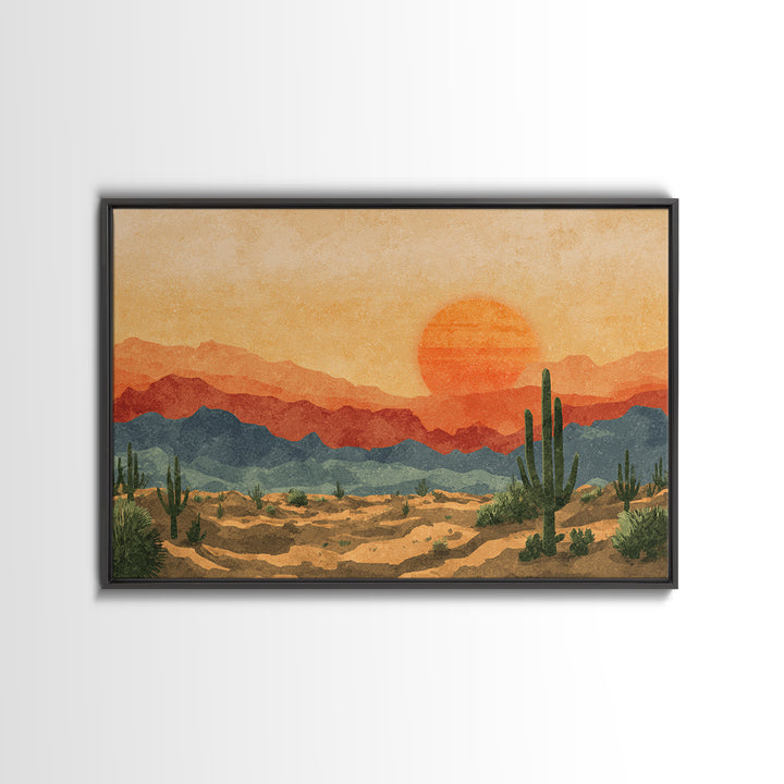 Textured Desert Mountains Wall Art, Orange Sunset Cactus Print, Midcentury Modern Landscape, Southwestern Living Room Decor