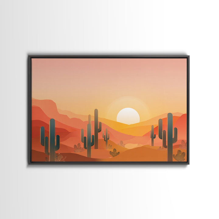Golden Saguaro Desert Sunset Canvas Print, Midcentury Modern Wall Art, Warm Orange Southwestern Poster, Boho Home Decor, MCM Decor