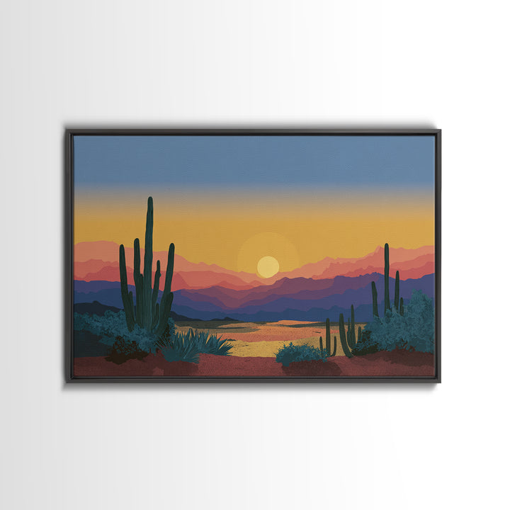 Blue Gold Desert Sunset Wall Art, Saguaro Cactus Landscape Print, Midcentury Modern Art Poster, Southwestern Home Decor, MCM Decor
