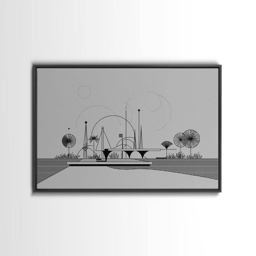 Black White Architectural Line Wall Art, Midcentury Modern Abstract Print, Atomic Ranch Landscape, Minimalist Home Decor
