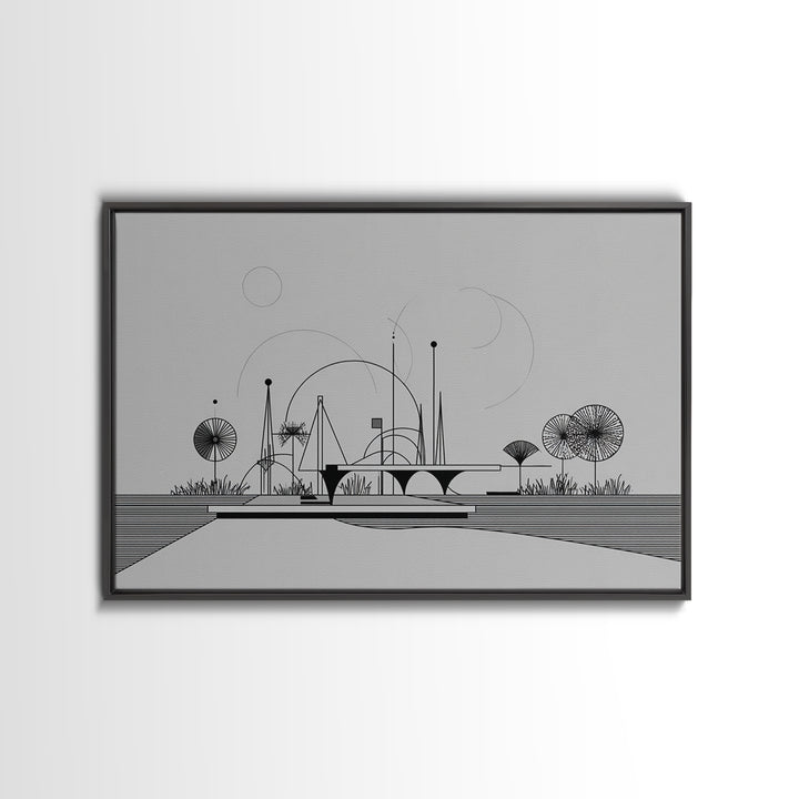Black White Architectural Line Wall Art, Midcentury Modern Abstract Print, Atomic Ranch Landscape, Minimalist Home Decor