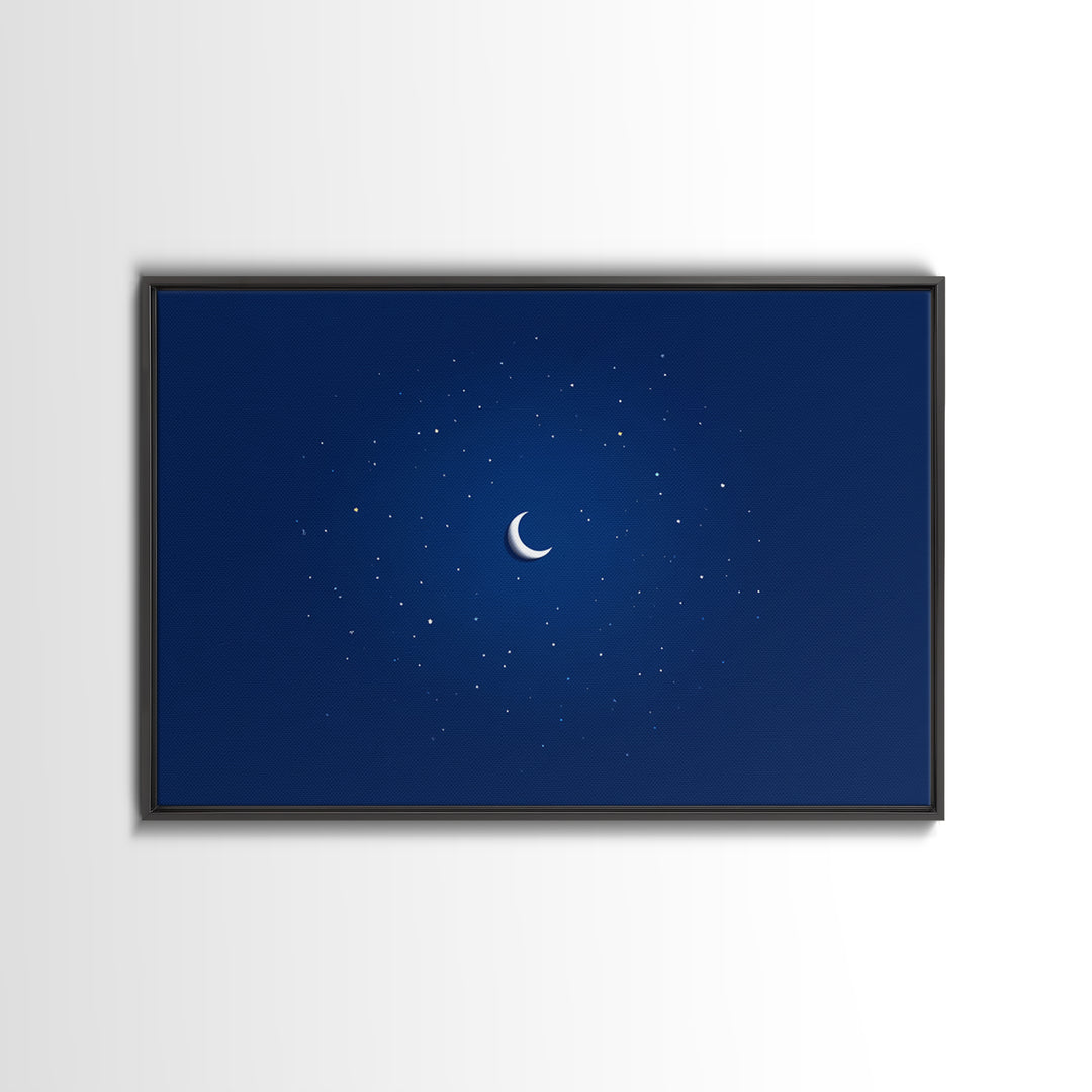 Minimal Crescent Moon Stars Wall Art, Deep Blue Night Sky Print, Modern Celestial Poster, Nursery Bedroom Wall Decor, Kids Room Decor