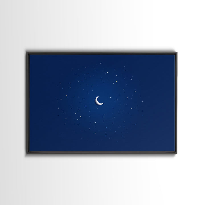 Minimal Crescent Moon Stars Wall Art, Deep Blue Night Sky Print, Modern Celestial Poster, Nursery Bedroom Wall Decor, Kids Room Decor