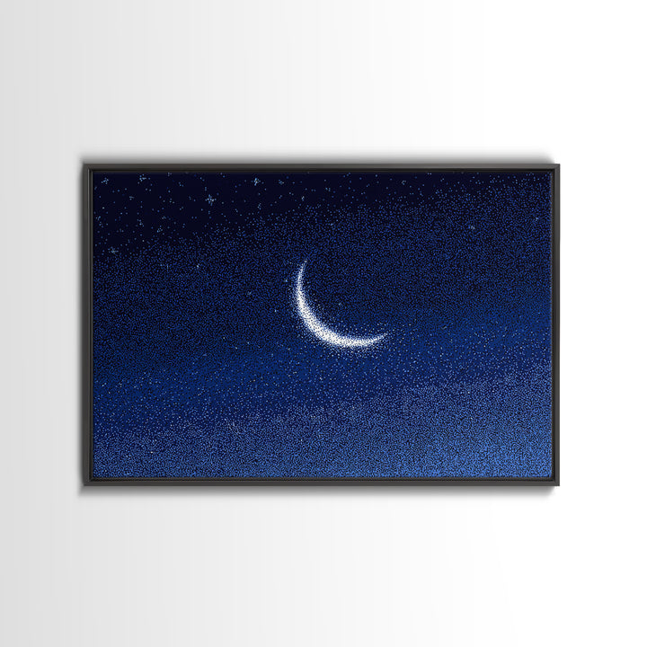 Glowing Crescent Moon Starry Sky Canvas Print, Blue Celestial Wall Art, Modern Night Poster, Minimalist Bedroom Decor, Nursery Decor