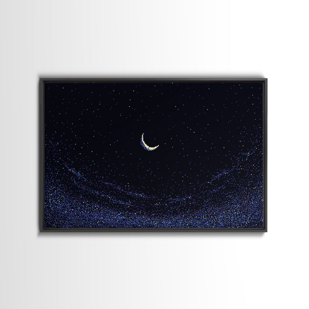 Crescent Moon Starry Night Wall Art, Pixel Sky Landscape, Blue Celestial Poster, Retro Modern Decor, Bedroom Print Gift Idea