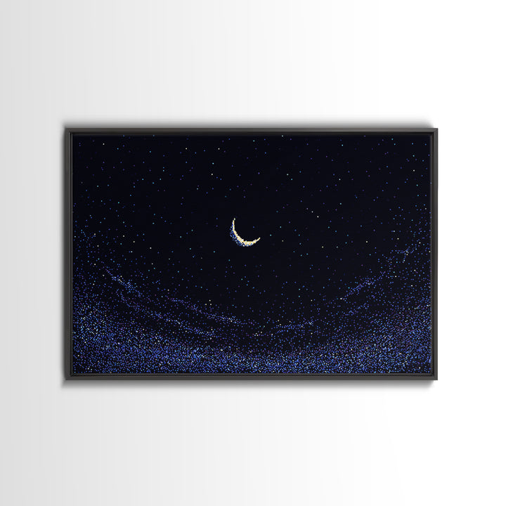 Crescent Moon Starry Night Wall Art, Pixel Sky Landscape, Blue Celestial Poster, Retro Modern Decor, Bedroom Print Gift Idea