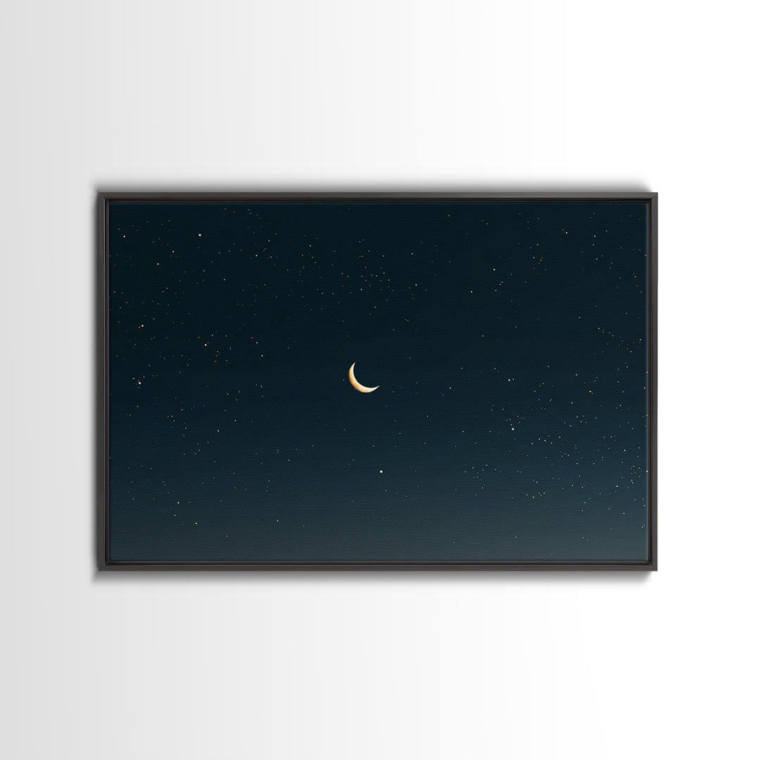 Minimal Crescent Moon Canvas Print, Teal Starry Sky, Celestial Night Landscape, Modern Wall Decor, Bedroom Poster Gift Idea